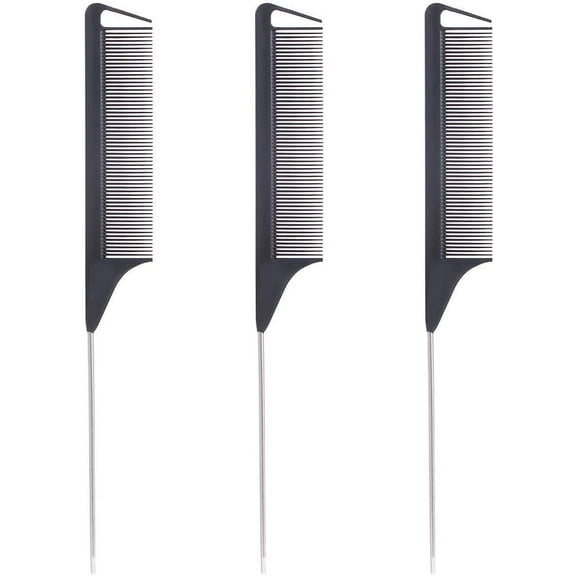 3Pcs Hair Tail Combs Pin Parting Comb, Carbon Fibre Metal-Pin Rat Tail Comb Hair Styling Tool For Hair Salon Braiding(black)