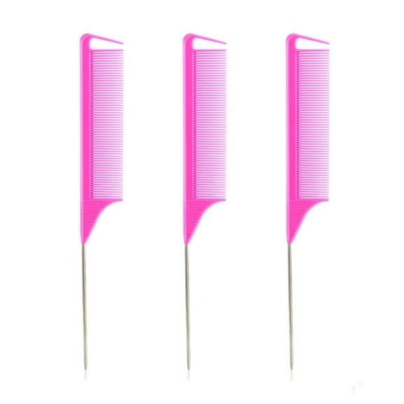 3Pcs Hair Tail Combs Pin Parting Comb, Carbon Fibre Metal-Pin Rat Tail Comb Hair Styling Tool For Hair Salon Braiding(pink)