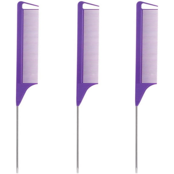 3Pcs Hair Tail Combs Pin Parting Comb, Carbon Fibre Metal-Pin Rat Tail Comb Hair Styling Tool For Hair Salon Braiding(purple)