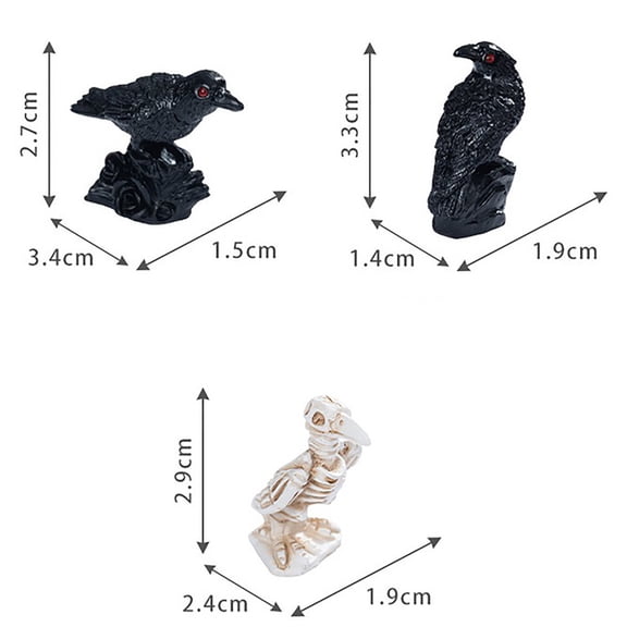 3Pcs Halloween Crow Figurines Decor, Resin Black Statues White Skeleton Bird Skull Ornaments, Gothic Crow with Red Eyes Tabletop Mini Decor