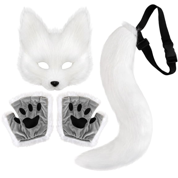 3Pcs Halloween Fluffy Fox Mask Paws and Tail,Realistic Fox Mask Furry Therian Gear for LARP Party