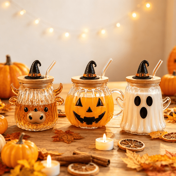 3Pcs Halloween Glass Cups with Lids and Straws, 12oz Halloween Shaped Coffee Glasses, Cute Tea Glasses, Fall Home Decor & Holiday Gift