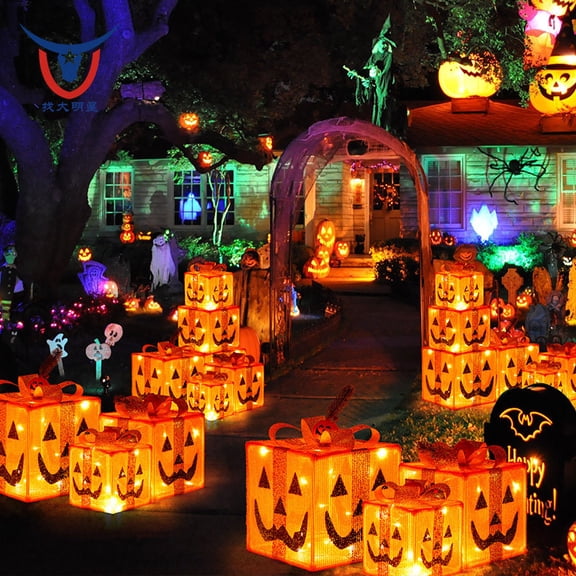 3Pcs Halloween Light Up Gift Box Set with LED Glowing Bow Decor, Spooky Present Box Lamps for Indoor Party Yard Shelf Tabletop Display