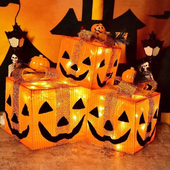 3Pcs Halloween Pumpkin Gift Boxes Decor - Light Up Jack-O'-Lantern Boxes with Pumpkin Topper for Halloween Party Decor