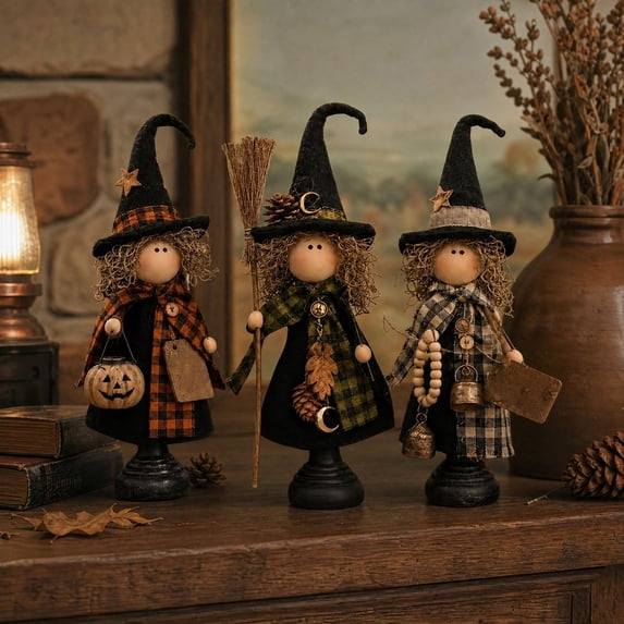3Pcs Rustic Halloween Witch Tabletop Ornaments Handcrafted Witch Figurine Set for Fireplace Mantel Cabinet Fall Indoor Home Decoration