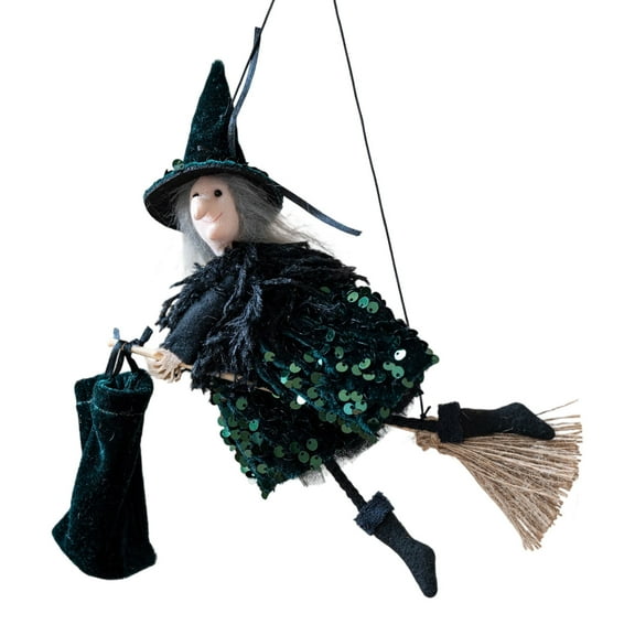 3Pcs Halloween Witch Dolls, Flying Witch Decor with Broom, Halloween Tree Topper Hanging Decorations, Plush Ornament for Desktop Fireplace Table Decor Party