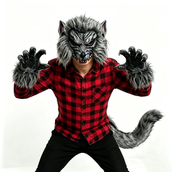 3Pcs Halloween Wolf Mask and Claws Gloves Tail,Wolf Head Mask,Scary Werewolf Mask Costume