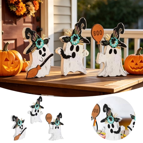 3Pcs Halloween Wooden Centerpieces Table Decorations, Witch Hat Black Cat Pumpkin Tiered Tray Set Desk Decor, Happy Fall Halloween Party Themed Sign Wood Block Tabletop Décor for Home Kitchen