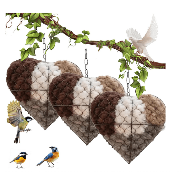 3Pcs Handmade Fiber Bird Nesting Heart, Refillable Birds Haven Heart Shape Hummingbird Nesting, Winter Fowl Gifts Animal Hummingbirds Lovers Home Garden Yard