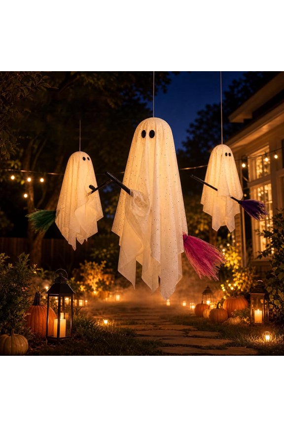 3Pcs Hanging Ghosts Decorations with Warm Lights & Brooms Cute Spooky Ghost Ornament with Remote Control for Home Party Mantel Outdoor Indoor
