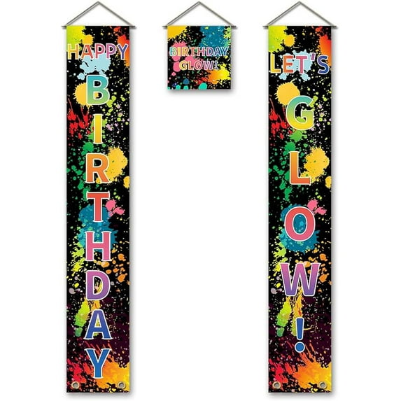 3Pcs Happy Birthday Banner Door Hanging "LET'S GLOW" Banner Flag Hanging Decorations Couplet Sign Set for Home Front Door Decor 70.8x11.8in