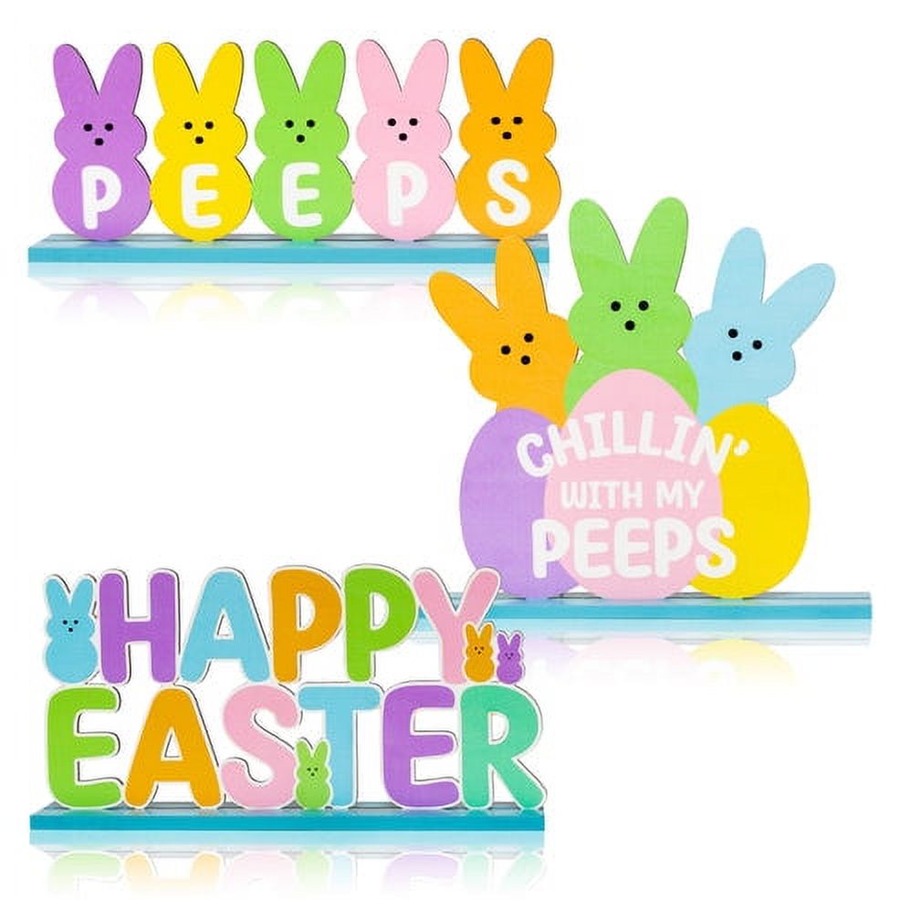 3Pcs Happy Easter Table Decorations Bunny Peeps Sign Happy Egg Hunt
