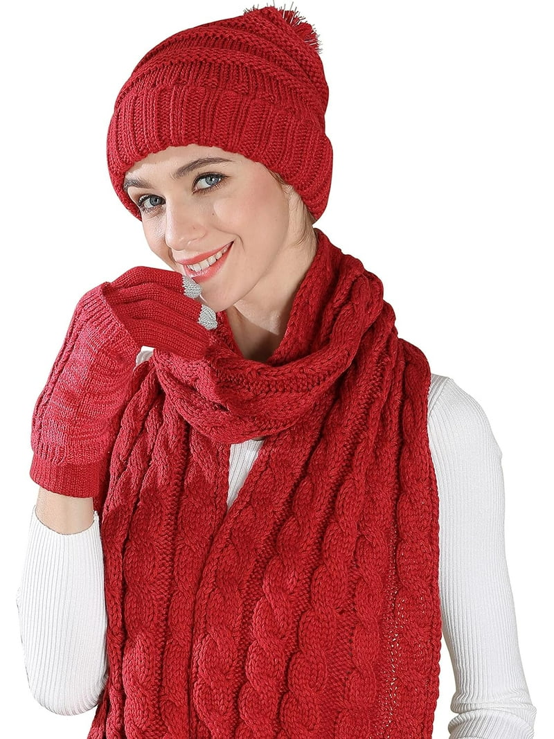 3Pcs Hat Gloves Scarf Set for Women, Winter Beanie Warm Knit Pom