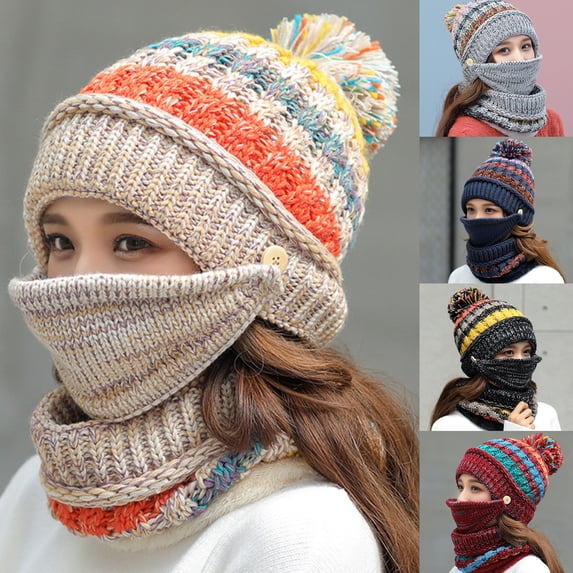 3Pcs Hat Warm Woolen Yarn Cable Knit Hat for Skiing