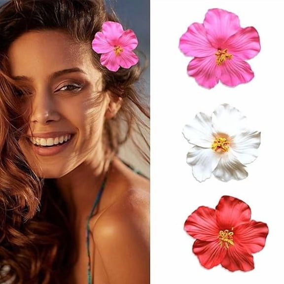 3Pcs Hawaiian Flower Hair Clips for Women 3.5 Inch Artificial Flower Clips Plumeria Hibiscus Hair Clip Beach Vacation Party Boho Hair Accessories for Women Girls(Red White and Pink)