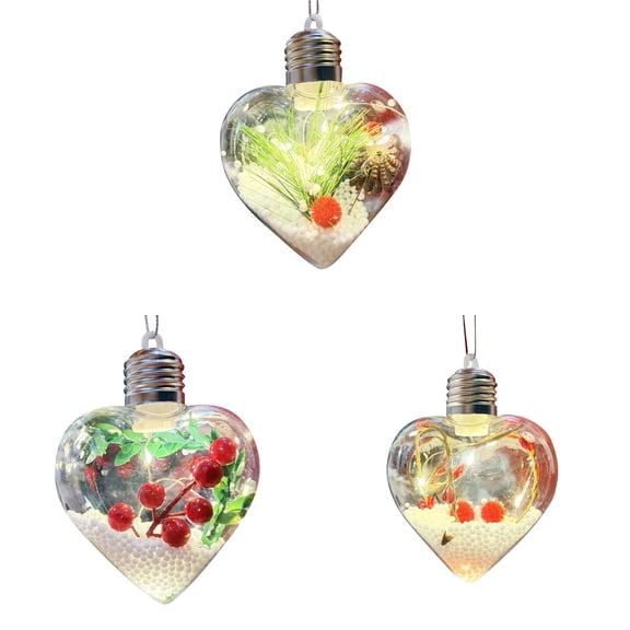 3Pcs Heart Shaped Christmas Snow Globe String Lights with Berry & Pine Needles, Clear Bulb Indoor Fairy Lights Battery Operated for Bedroom, Wedding, Table, Garden Party, Home Decor 3.2 Inch