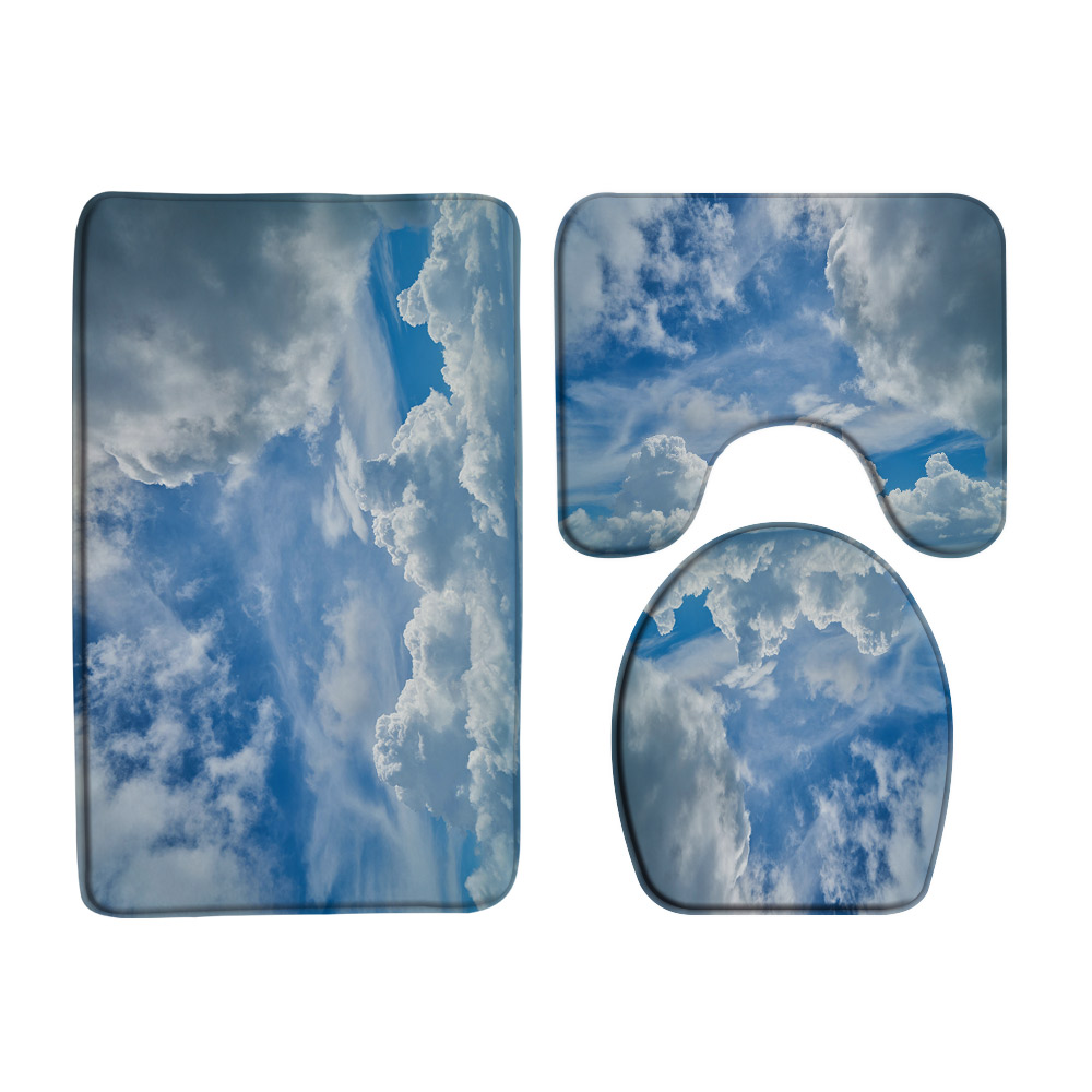3Pcs Heart White Cloud Bath Mat Set Scenery Sky Bathroom Rug NonSlip U