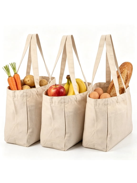 3Pcs Heavy Duty Canvas Tote Bags, Large Capacity Reusable Shopping Bags, Machine Washable for Grocery, Camping and Outdoor Activities
