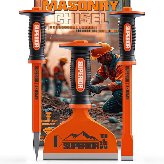 3Pcs Heavy Duty Masonry Chisel Set with Hand Guard Concrete Chisel Tools Including 12 Inch Point 12 Inch Flat, 8.5 Inch Brick Chisels, for Demolition, Mason, Carving, Concrete