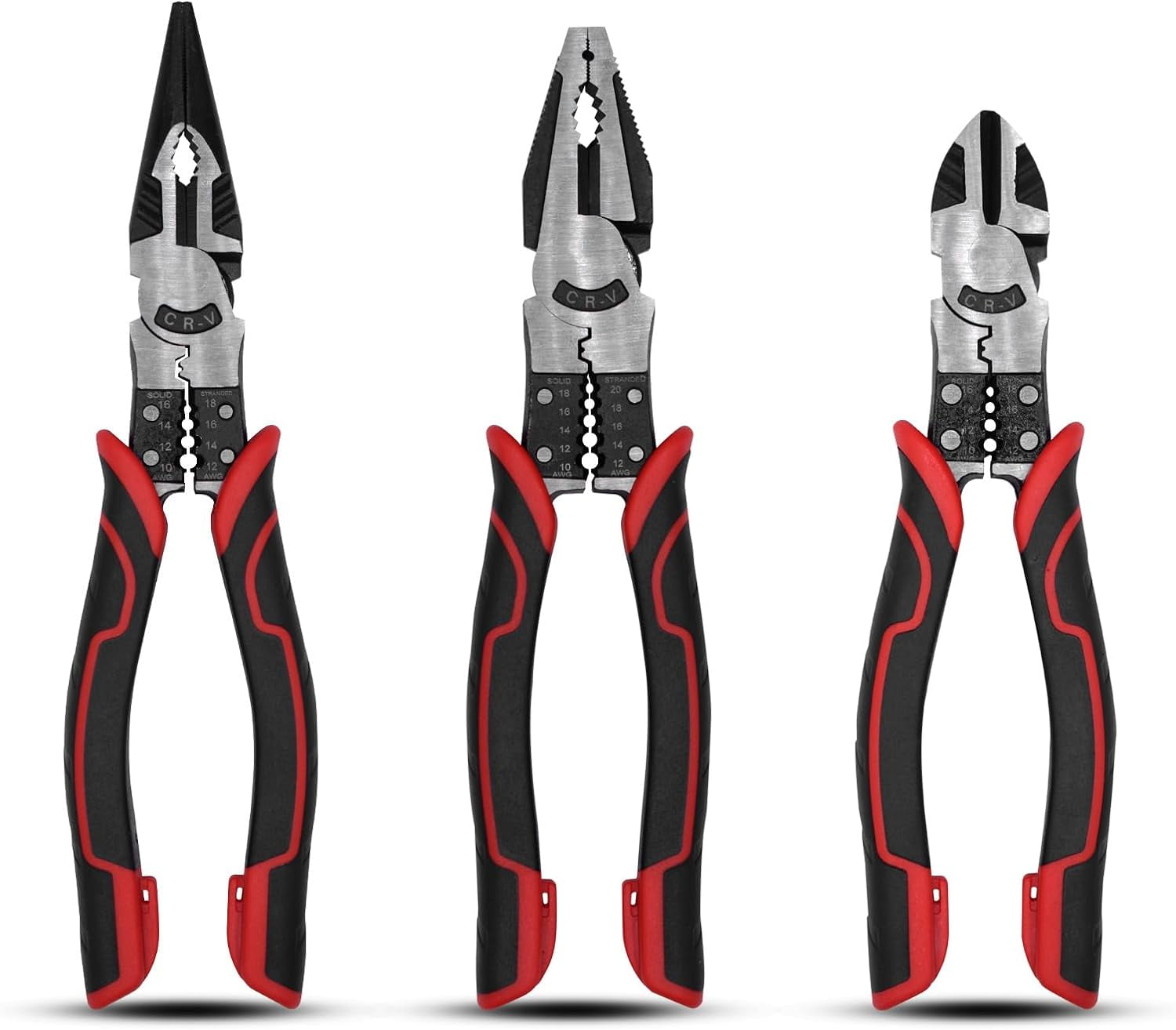 3Pcs Heavy Duty Pliers Set, 5 in 1 Linesman/Diagonal Side Cutting/Needle Nose Pliers with Wire Stripper,Crimper and Cutter Function