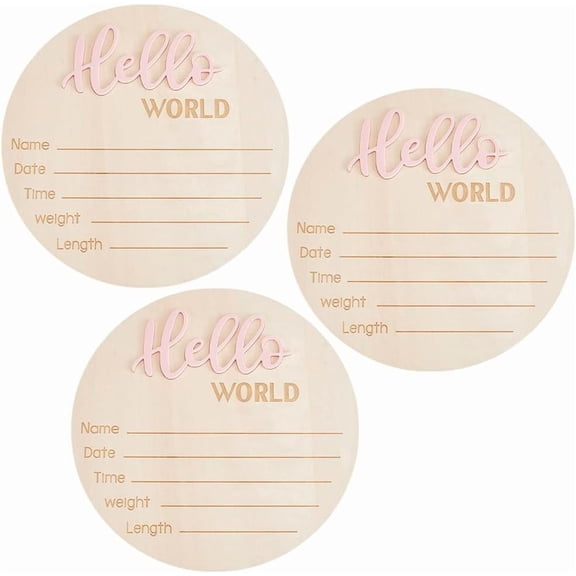 3Pcs Hello World Newborn Welcome Board 5.9Inches Newborn Announcement Sign Wooden Stat Plaque Souvenir and Gifts Pink