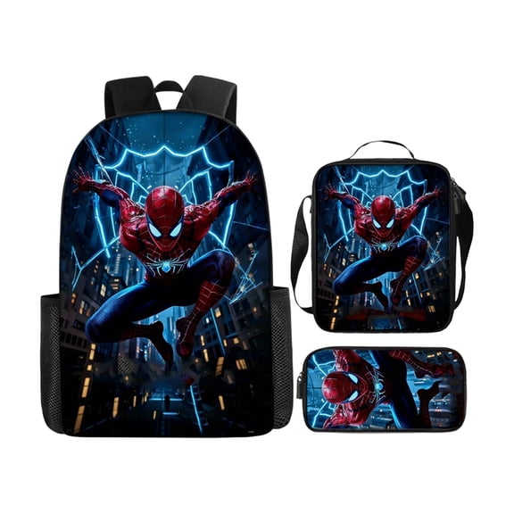 3Pcs Hero Spider Web Print Backpack Set Superhero Large Capacity Student Bookbag with Insulated Lunch Box and Stationery Pouch for High School Travel Rucksack