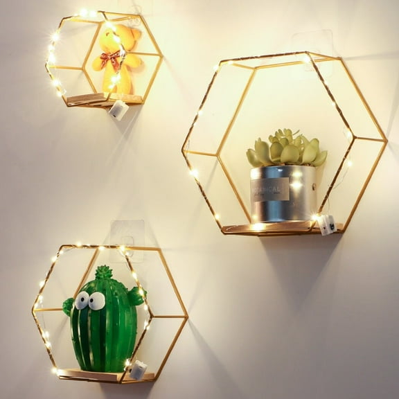 3Pcs Hexagon Floating Shelves with LED Light Strip, Modern Wall Mounted Metal Storage Shelves with Wooden Base, Wall Decor for Home Living Room Bedroom Bathroom