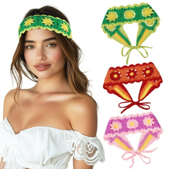 3Pcs Hippie Hair Bandanas, Flower Boho Headbands, Knit Hair Bands Floral Head Wrap with Tie String, Headbands for Women