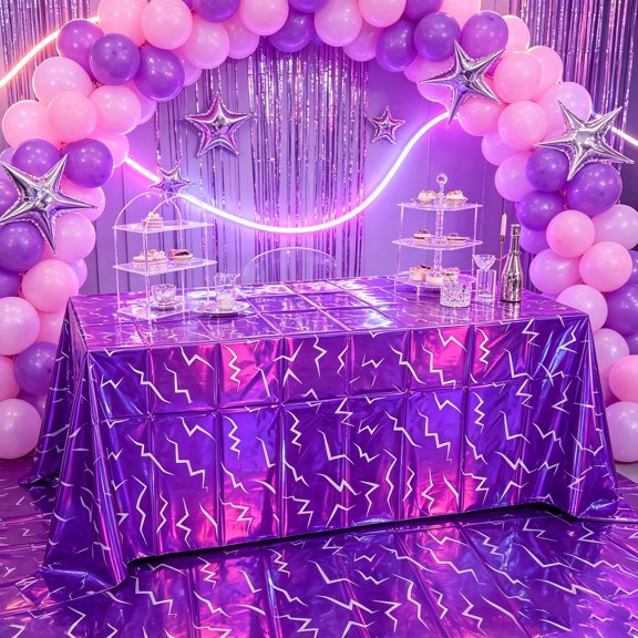 3Pcs Holographic Laser Tablecloth Birthday Decorations Purple Lightning Party Supplies Disposable Waterproof Rectangle Table Cloth for Idol Movie Fans 54 x 108Inch