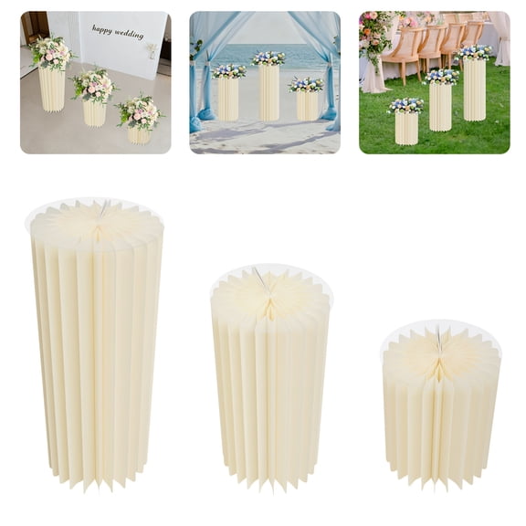 3Pcs Honeycomb Flower Stands, Heavy Duty Paper PVC Round Pillar Display Pedestal, Foldable Reusable Centerpiece for Wedding Party Aisle Decor