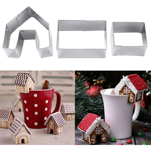 3Pcs House Biscuit Cookie Cutter, Stainless Steel Mini House Mold, Gingerbread Cookie Cutter Set for Cake Decorating Holiday DIY Baking Tools