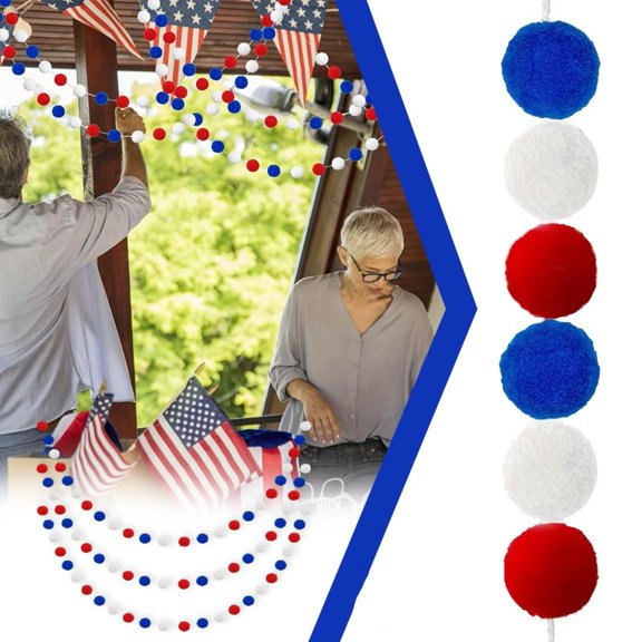 3Pcs Independence Day Pom Pom String Decorations - Patriotic Colorful Flag Hanging Strips For Memorial Day, Holiday Celebrations, Home/Party/Outdoor Decor - Us Flag Themed Pom Pom