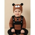 thumbnail image 1 of 3Pcs Infant Boy Outfit Crew Neck Long Sleeve Contrast Color Romper Suspender Pants and Dog Face Print Hat Set, 1 of 7