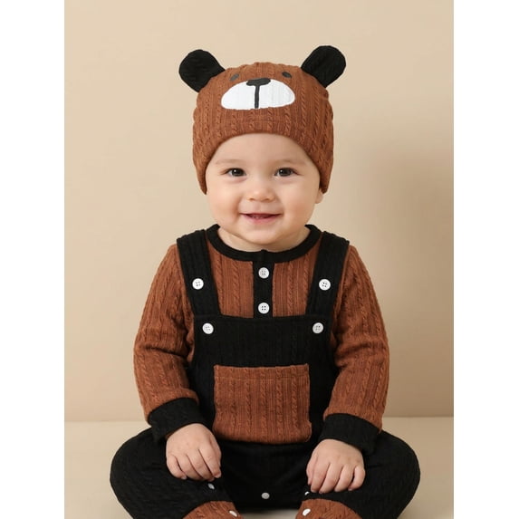 3Pcs Infant Boy Outfit Crew Neck Long Sleeve Contrast Color Romper Suspender Pants and Dog Face Print Hat Set