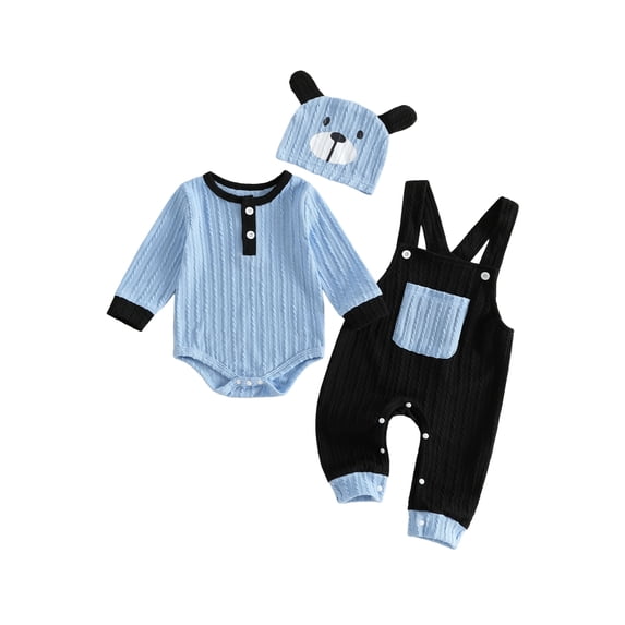 3Pcs Infant Boy Outfit Crew Neck Long Sleeve Contrast Color Romper Suspender Pants and Dog Face Print Hat Set