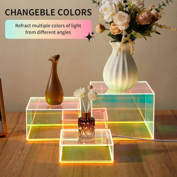 3Pcs Iridescent Acrylic Display Risers with LED Light, Stackable Cube Boxes for Figures Jewelry Perfume Food Buffet