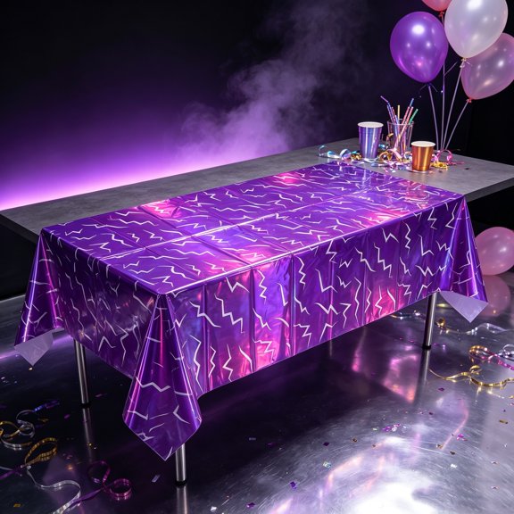 3Pcs Iridescent Holographic Laser Table cloth Purple Lightning Pattern Disposable Waterproof Plastic Table Covers for Birthday Halloween Decorations Party Supplies 54x72in