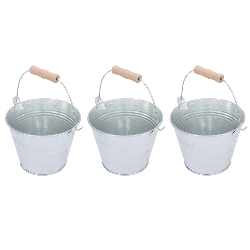Shiny Metal Bucket With Wooden Handle Featuring A Rustic Design And Slight Wear Perfect For Storage Utility 20502356