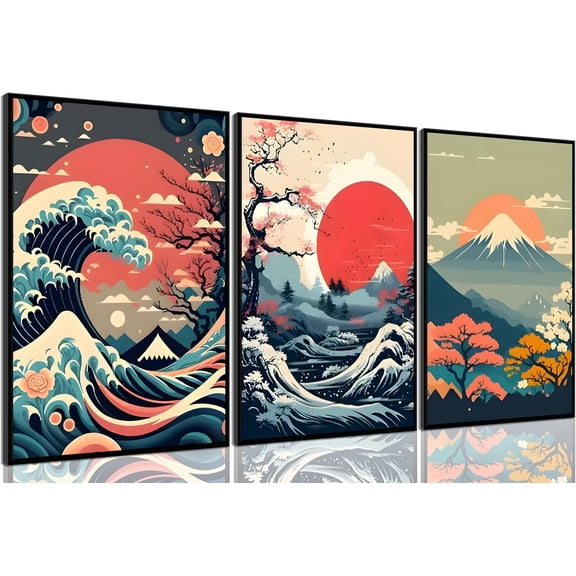 3Pcs Japanese Wall Art Japanese Fuji Wall Decor Asian Nature Landscape Posters Pictures Kanagawa Giant Wave Canvas Prints Cherry Blossom Lake Painting for Living Room Bedroom Office Unframed