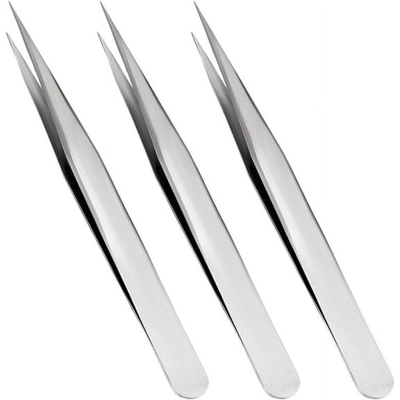 3Pcs Jewelry Tweezers 5.4" Long High Precision Stainless Steel Non-Serrated Elbow Tweezer with Fine Point Tips Needle Nose Tweezers Pliers DIY