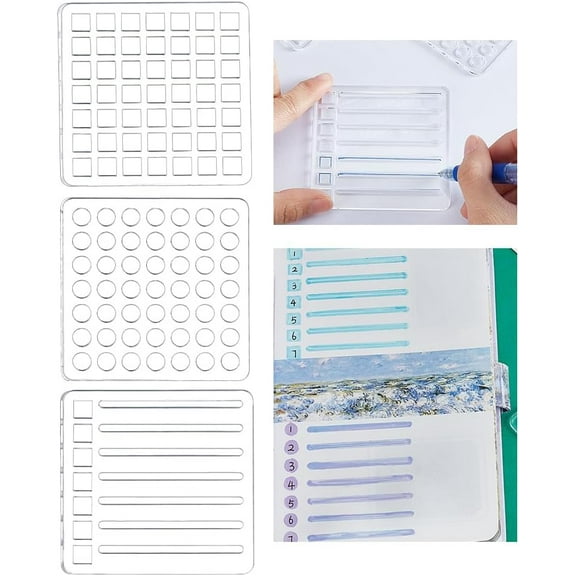 3Pcs Journal Stencils Templates Acrylic Hollow Out Drawing Painting Square Grid Round Reusable Stencils for Journal Notebook Diary Scrapbook Clear