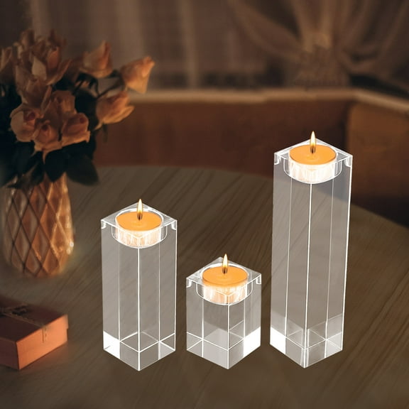 3Pcs K9 Crystal Glass Candle Holders, European Style Square Crystal Tabletop Candle Holder Centerpiece for Home Decor, Candle Holder Set Tealights Clear