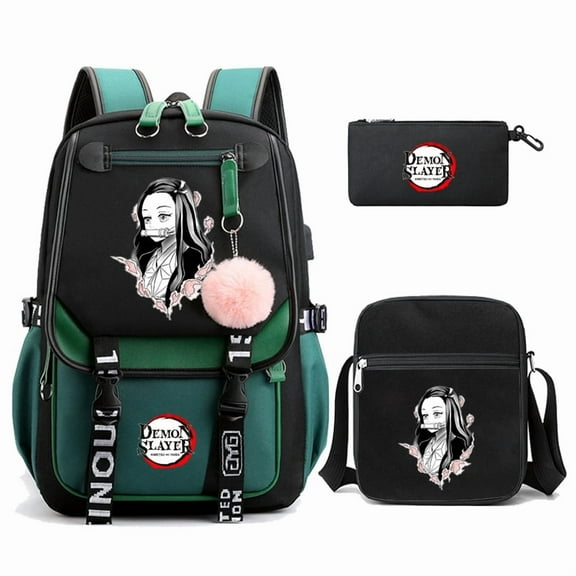 3Pcs Kamado Backpacks Set for Anime Bag Teenager Student Canvas Laptop Back Pack Women Rucksack