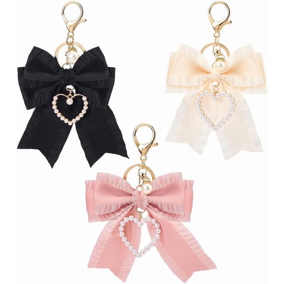 3Pcs Keychain Charm Purse Backpack Keychain Bowknot Charm Pearl Key Chain Accessories Heart Pearl Keyring Pendant