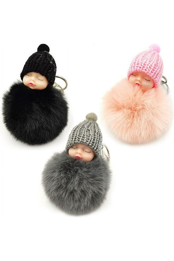 3Pcs Keychain Cute Fluffy Plush Mini Doll Keychain for Women Bags Key Ring Gift Decoration Accessories Hanging Gift, Black