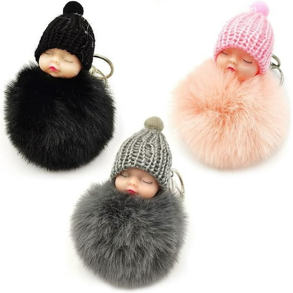 3Pcs Keychain Cute Fluffy Plush Mini Doll Keychain for Women Bags Key Ring Gift Decoration Accessories Hanging Gift, Black