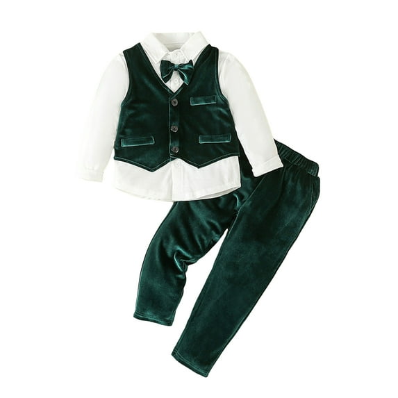 3Pcs Kids Boys Gentleman Outfit Toddler Long Sleeve Bow Tie Shirt + Waistcoat + Trousers