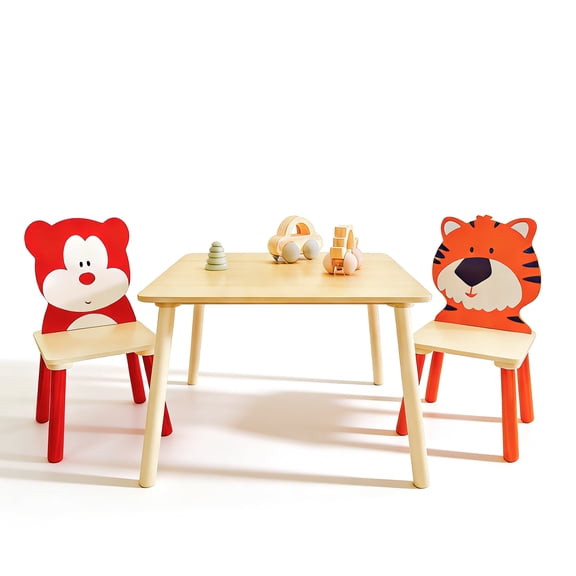 3Pcs Kids Table and Chair Set,Toddler Table and 2 Chairs Set Wooden Activity Play Table Set(Bear&Tiger)