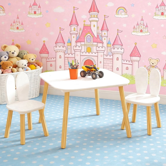 Innovation Works Kids Table and Chair Set,3 Pieces Toddler Wooden Activity Table and Bunny Chairs Set for Study,Drawing,Playing,Reading