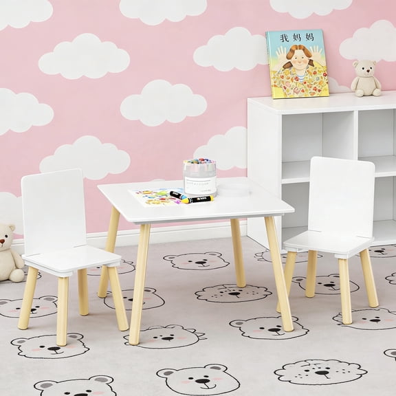 3Pcs Kids Table and Chair Set,Toddler Table and 2 Chairs Set Wooden Activity Play Table Set,White